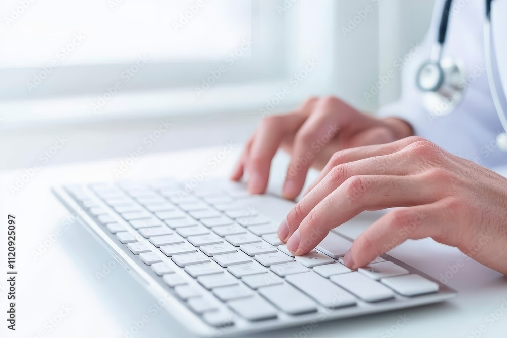 Medical professional analysis concept. Medical professional typing on a keyboard. Medical professional analysis concept. Medical professional typing on a keyboard.