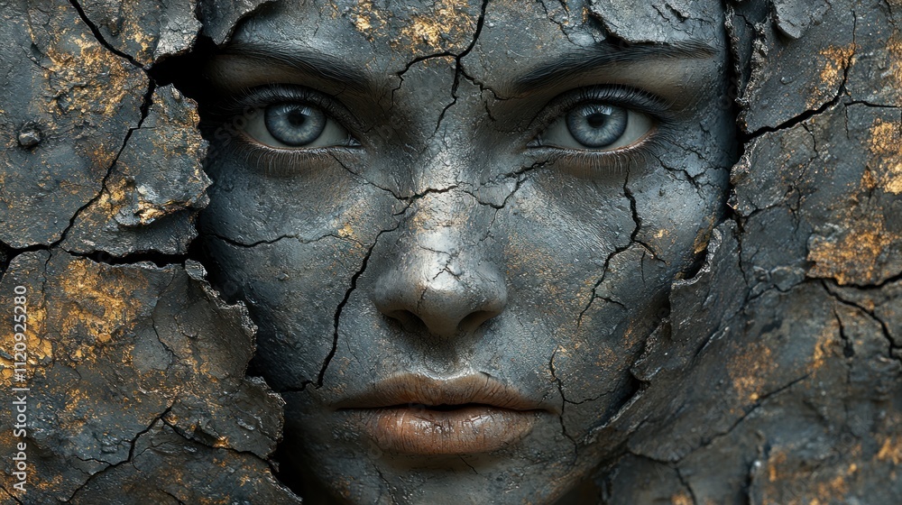 A woman's face emerges from cracked, textured surface A woman's face emerges from cracked, textured surface