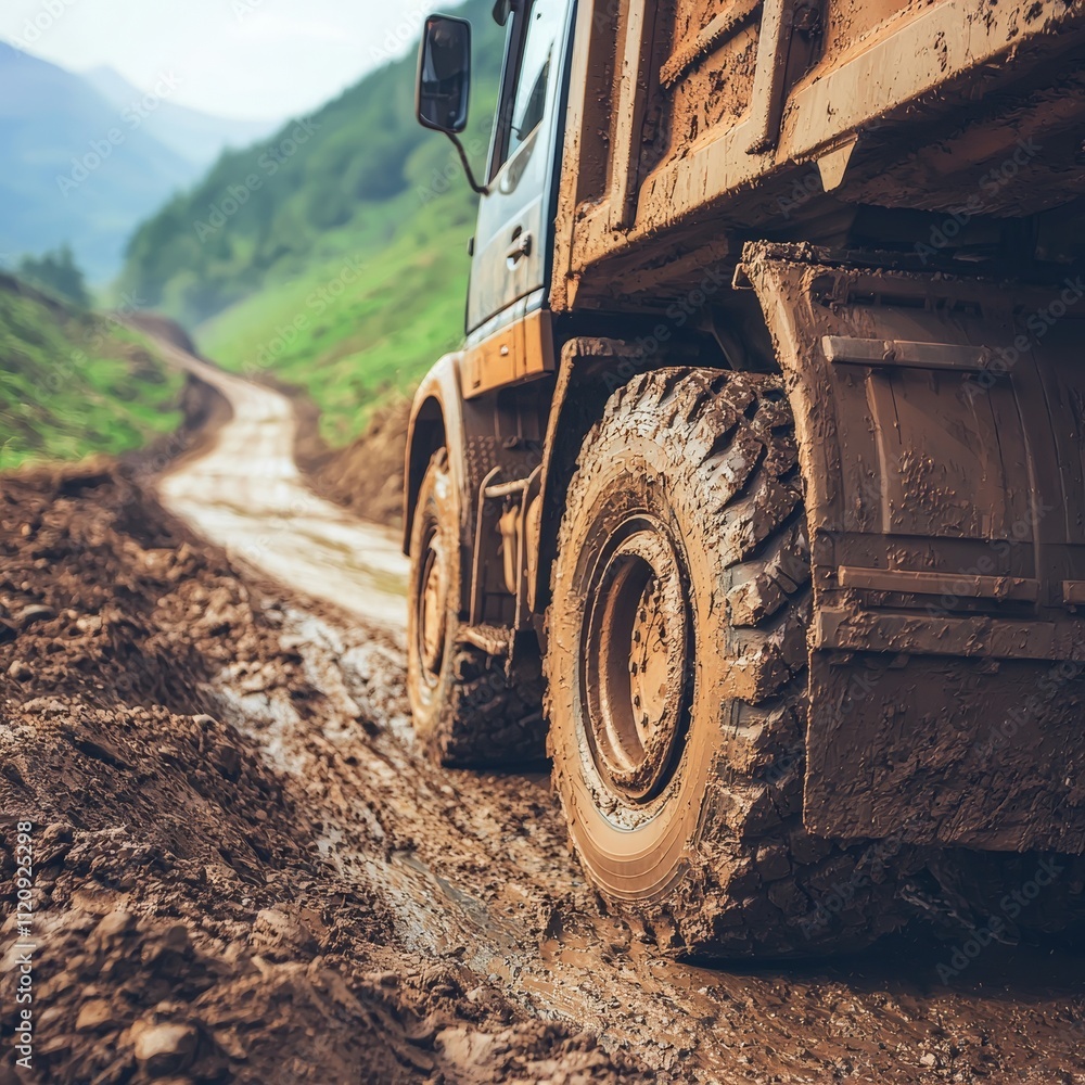Truck valley road concept. Mud-covered truck on a rough, unpaved road. Truck valley road concept. Mud-covered truck on a rough, unpaved road.