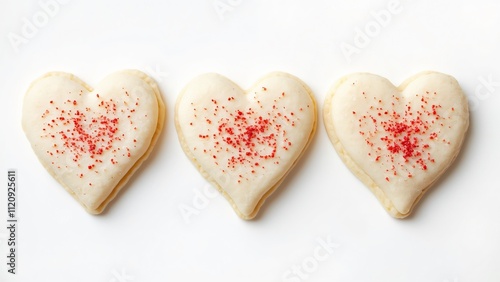 Three Delicious White Heart-Shaped Cookies with Red Sprinkles on a Pure White Background - Perfect for Valentine's Day or Romantic Occasions