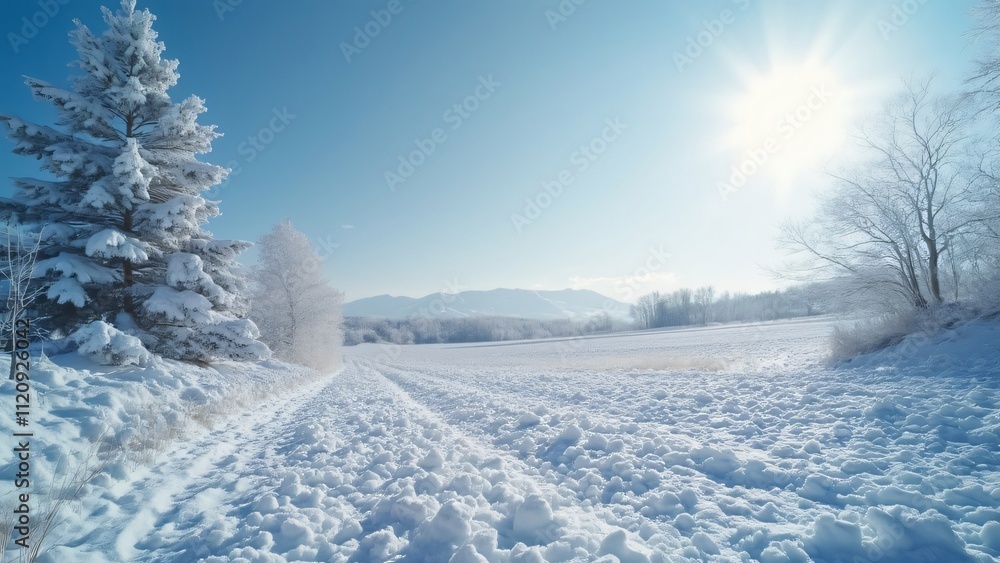 Stunning Wide Shot of Snowy Landscape, Bright Sunlight, Winter Wonderland, Snow-Covered Field and Trees Stunning Wide Shot of Snowy Landscape, Bright Sunlight, Winter Wonderland, Snow-Covered Field and Trees