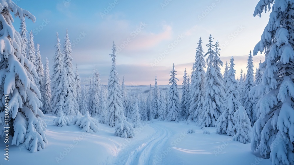 Obraz premium Panoramic Winter Wonderland, Snow-Covered Pine Forest in Lapland