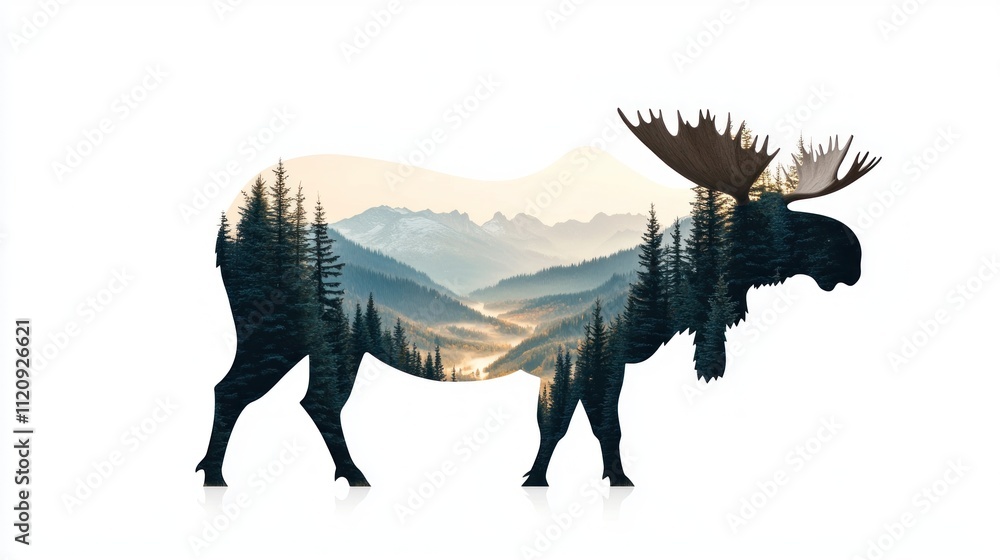 A moose silhouette filled with a scenic forest landscape. A moose silhouette filled with a scenic forest landscape.