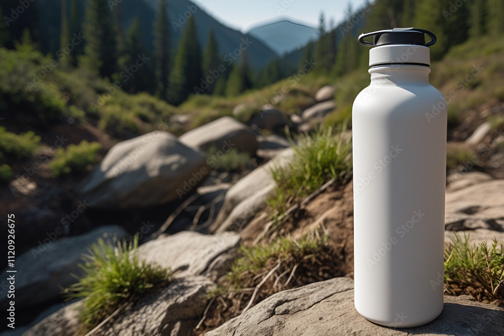 White Reusable Water Bottle Mockup, Displayed on a Hiking Trail Background, Eco-friendly Theme White Reusable Water Bottle Mockup, Displayed on a Hiking Trail Background, Eco-friendly Theme