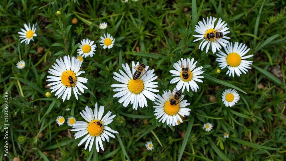 Fototapeta premium Aerial View of White Daisies and Busy Bees in Lush Green Grass
