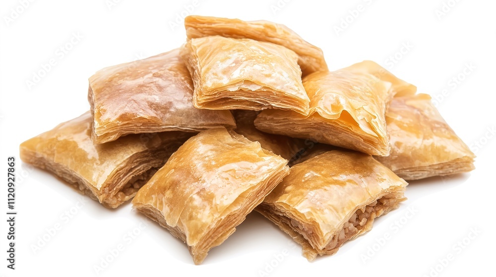 Golden Sweet Baklava Pieces with Layered Phyllo and Honey Drizzle on White Background, Highlighting Traditional Mediterranean Dessert Golden Sweet Baklava Pieces with Layered Phyllo and Honey Drizzle on White Background, Highlighting Traditional Mediterranean Dessert