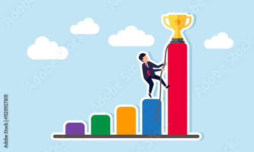 A businessman climbs the highest graph using a rope with the aim of reaching the trophy, illustration of efforts to achieve company goals and become a leading company