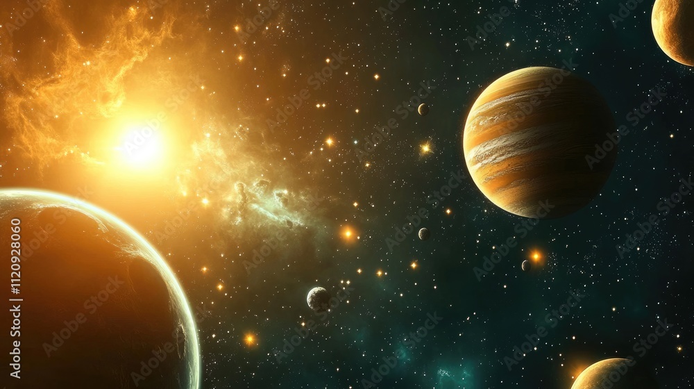 Bright sun, planets, and nebula in space. Bright sun, planets, and nebula in space.
