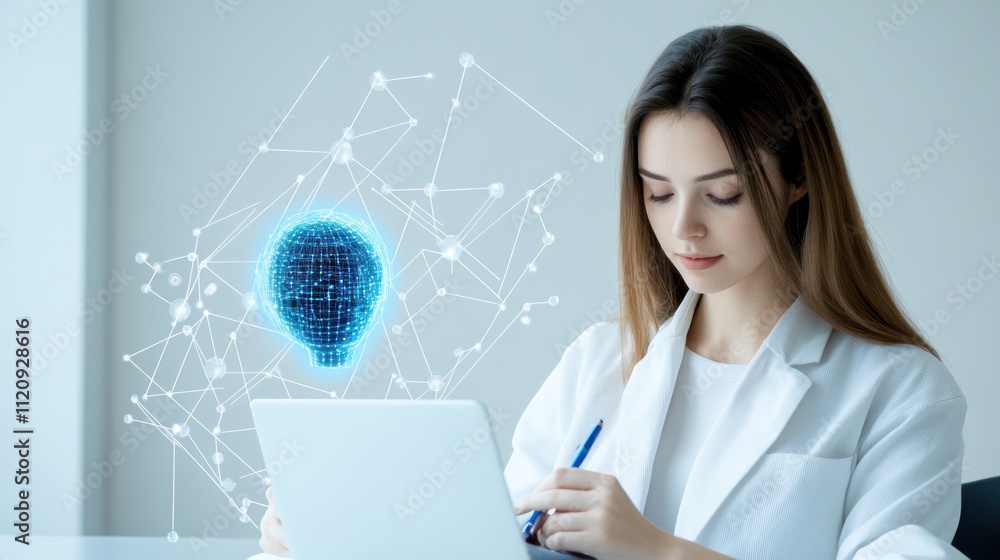 Woman writing on a laptop with a digital brain illustration. Woman writing on a laptop with a digital brain illustration.