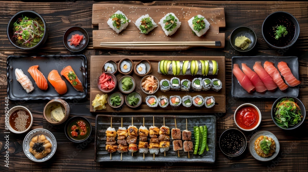 Delicious Japanese Sushi Platter Seafood Rolls Maki Sashimi Asian Cuisine Delicious Japanese Sushi Platter Seafood Rolls Maki Sashimi Asian Cuisine