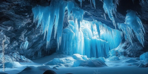 Ice Cave Interior Stunning Stalactites Giant Ice Formations Blue Light Glacier Route photo