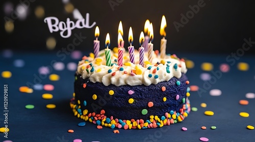 Birthday Cake With Colorful Candles and Sprinkles photo