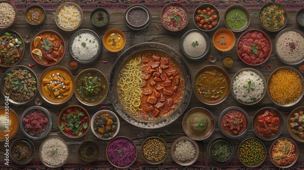 Fototapeta premium Diverse Delicious Indian Cuisine Aromatic Spices Curries Rice Dishes and More