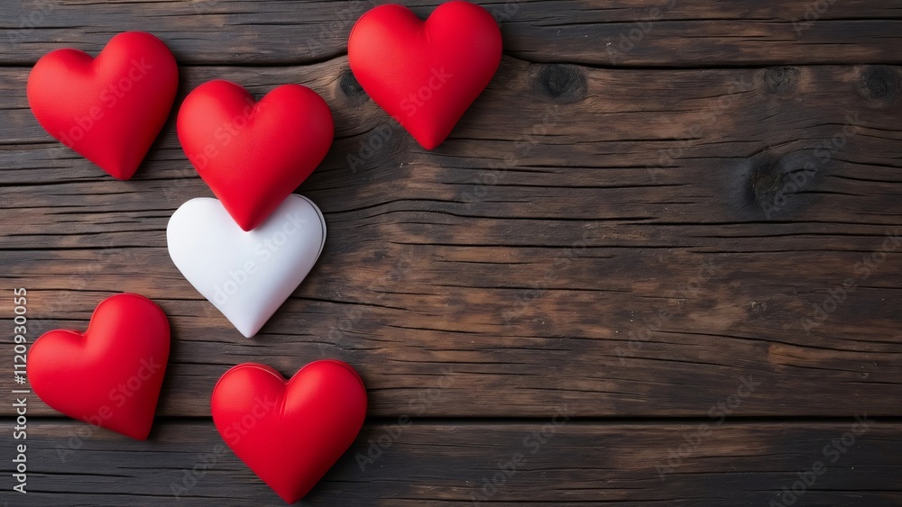 Romantic Valentine's Day Card Design, Five Red and One White Heart on Rustic Wooden Background Romantic Valentine's Day Card Design, Five Red and One White Heart on Rustic Wooden Background