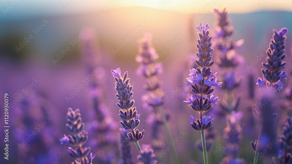 Fototapeta premium Stunning Macro Shot of Lavender Field at Sunset, High-Resolution Purple Flowers