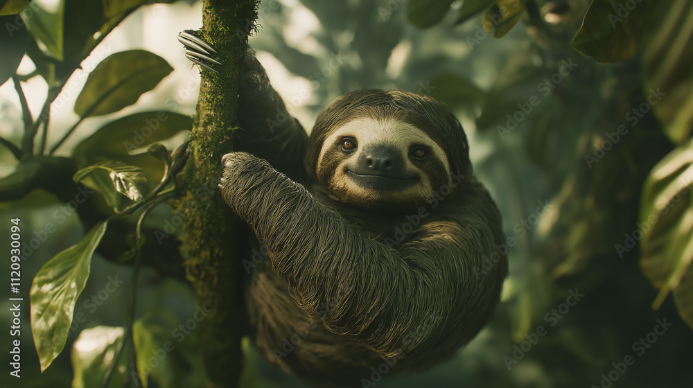 Sloth with a relaxed, smile-like face, hanging from a tree branch, rainforest background, soft diffused light Sloth with a relaxed, smile-like face, hanging from a tree branch, rainforest background, soft diffused light