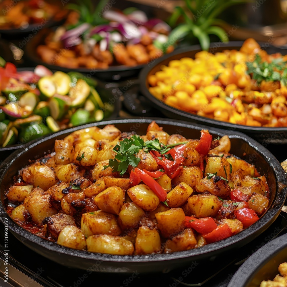 Spicy Roasted Potatoes Buffet Red Peppers Cilantro Garnish Food Delicious