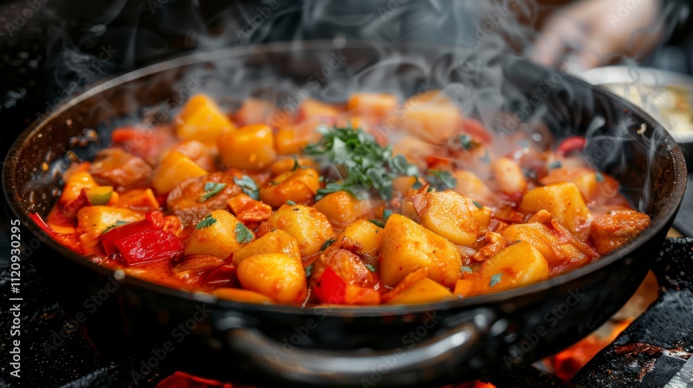 Steaming Hot Potato Stew in Cast Iron Pan Delicious Food Steaming Hot Potato Stew in Cast Iron Pan Delicious Food