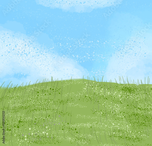 A whimsical illustration of a grassy hill under a bright blue sky. Fluffy white clouds frame the scene, and delicate white flowers dot the landscape.