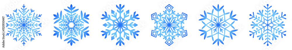 Gradient blue lace snowflakes isolated on white background. New year and Christmas holiday symbol. Decorative vector element for winter and Christmas design Gradient blue lace snowflakes isolated on white background. New year and Christmas holiday symbol. Decorative vector element for winter and Christmas design