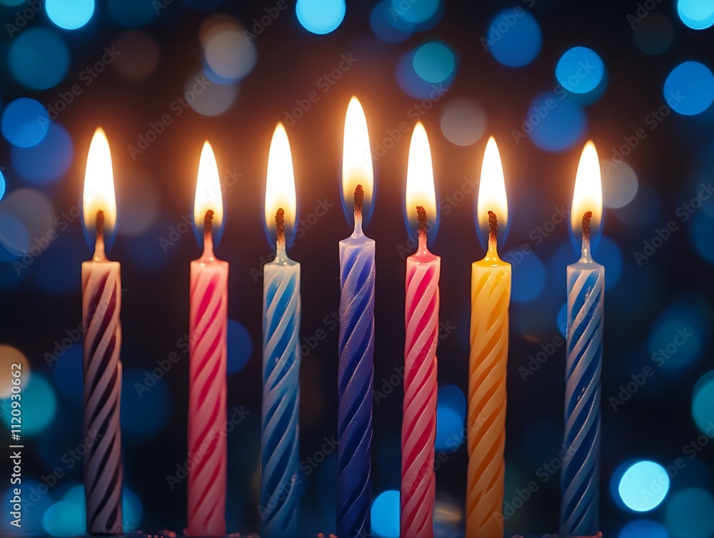Seven Birthday Candles Lit Against Blue Bokeh Lights Seven Birthday Candles Lit Against Blue Bokeh Lights