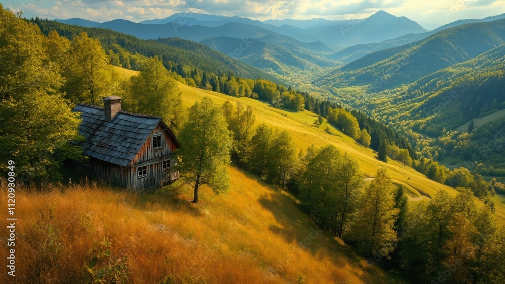 Scenic Carpathian Mountains Landscape, Golden Grass Hillside, Rustic House, Aerial View Scenic Carpathian Mountains Landscape, Golden Grass Hillside, Rustic House, Aerial View