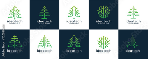 Set of collection tree ecology icon set logo design, pine, Innovative digital technology concept business	
