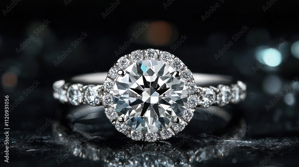 A perfectly cut round diamond held in a sleek platinum prong, surrounded by smaller diamonds, in a high-end jewelry shop, 