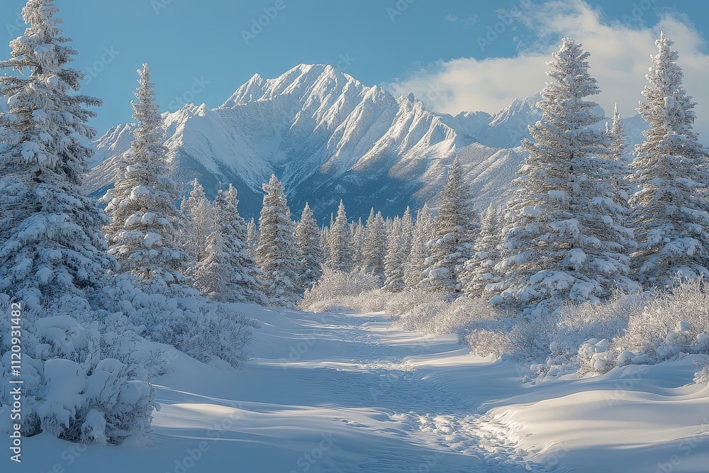 Snow-covered pine forest with towering trees, snow-capped mountain peaks, and serene blue sky, breathtaking winter landscape. Snow-covered pine forest with towering trees, snow-capped mountain peaks, and serene blue sky, breathtaking winter landscape.