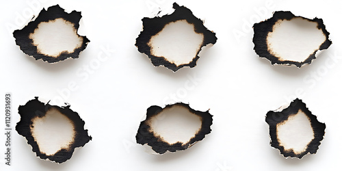 Set of burnt holes of paper isolated on white background,ripped paper with burned edges on white background,texture and background,Collection of burnt holes in piece of paper isolated on white,Ai