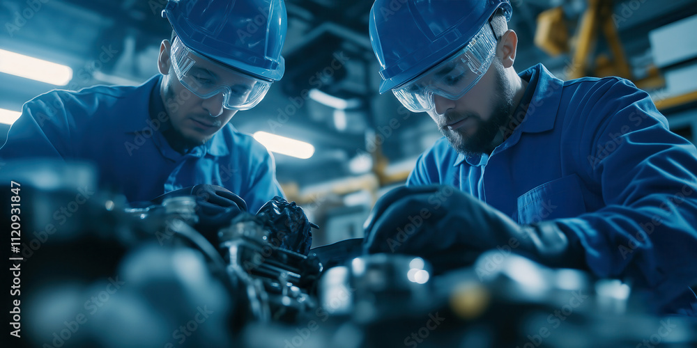 Industrial engineers focused on machinery maintenance in a factory setting Industrial engineers focused on machinery maintenance in a factory setting