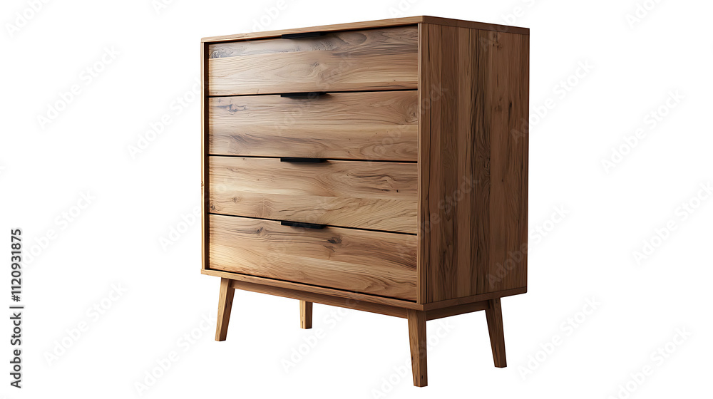 A wooden dresser with four drawers sits on a white background A wooden dresser with four drawers sits on a white background
