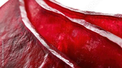 Close-up of a textured, translucent red material resembling dried fruit or plant. photo