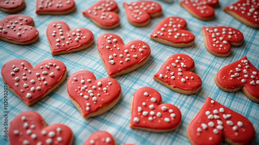 Macro Shot of Red Heart-Shaped Sugar Cookies on Blue Tablecloth Macro Shot of Red Heart-Shaped Sugar Cookies on Blue Tablecloth