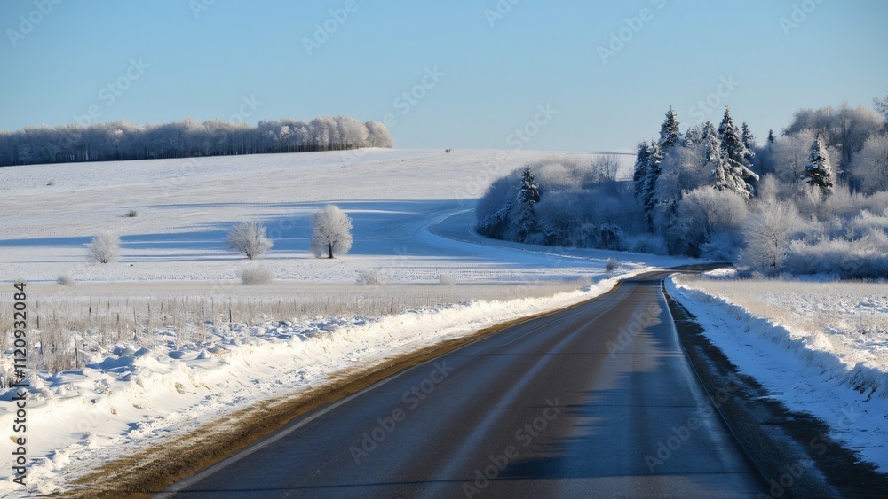 Scenic Winter Road, Snow Covered Fields, Trees, and Clear Blue Sky Scenic Winter Road, Snow Covered Fields, Trees, and Clear Blue Sky