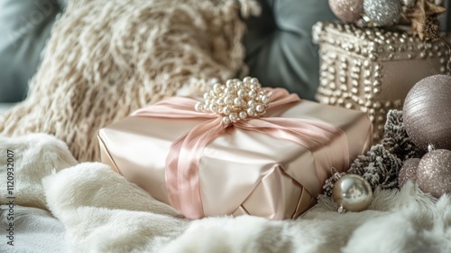 Elegant gift setup with silk-wrapped boxes, pearl details, fine ribbon, cozy Christmas background". 