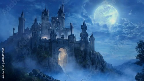 A mystical castle illuminated by moonlight, surrounded by fog and dramatic clouds.