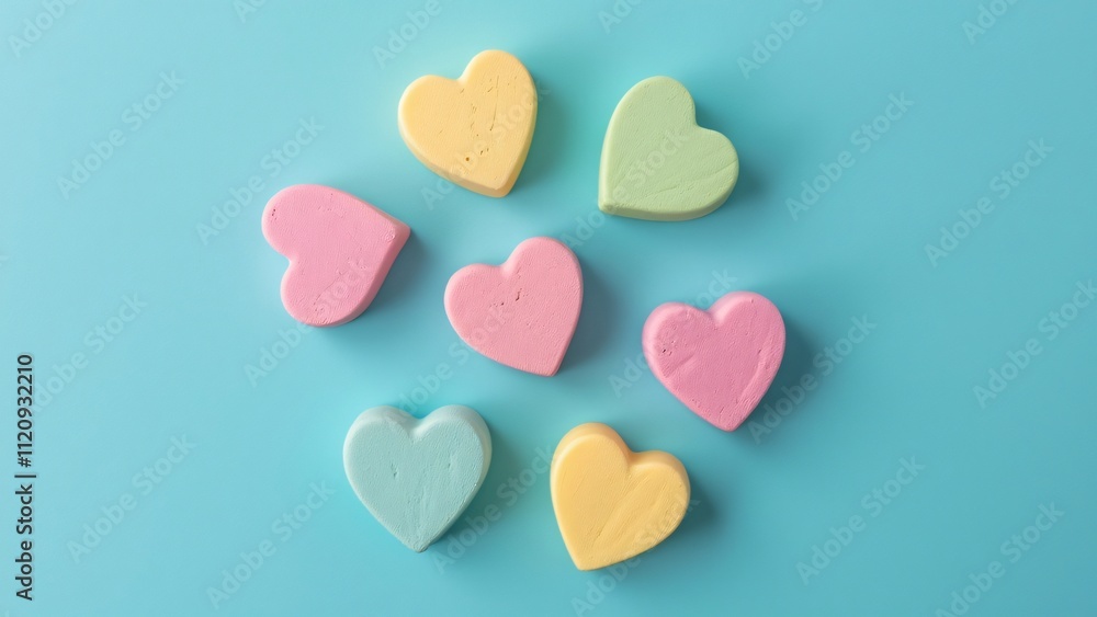Obraz premium Pastel Candy Hearts, Minimalist Love Concept Flat Lay Stock Photo
