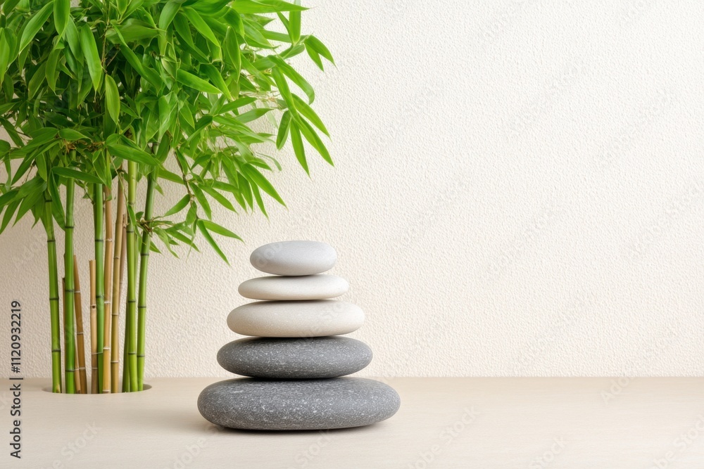 Serene zen garden with stacked stones and bamboo tranquil atmosphere minimalist style close-up view nature concept Serene zen garden with stacked stones and bamboo tranquil atmosphere minimalist style close-up view nature concept