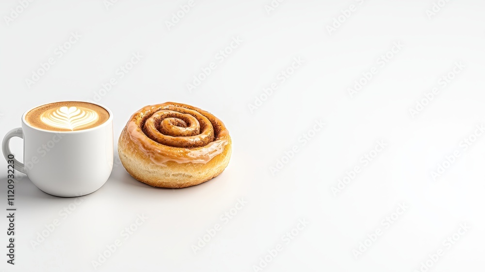 Freshly Brewed Coffee in a White Mug with Beautiful Latte Art Next to a Fluffy Cinnamon Roll on a Bright, Minimalist Background Freshly Brewed Coffee in a White Mug with Beautiful Latte Art Next to a Fluffy Cinnamon Roll on a Bright, Minimalist Background
