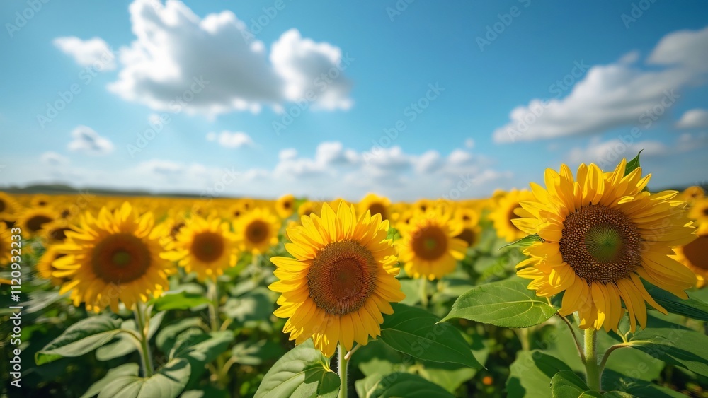 Vibrant Sunflower Field under Sunny Blue Sky - Wide Angle Photography Vibrant Sunflower Field under Sunny Blue Sky - Wide Angle Photography