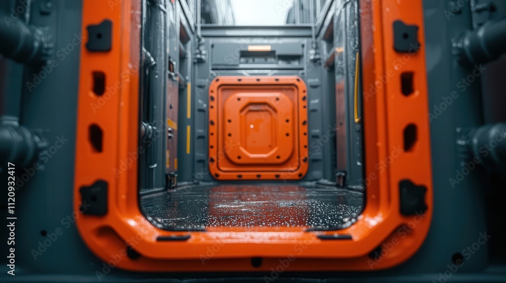 Closeup of the automated hatch covers, sealing the cargo hold with precision to protect against water ingress Closeup of the automated hatch covers, sealing the cargo hold with precision to protect against water ingress