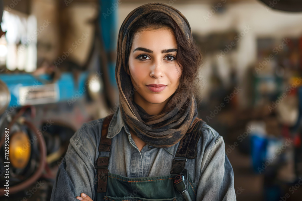 Young Arab female mechanic in a workshop setting showcasing empowerment and skill Young Arab female mechanic in a workshop setting showcasing empowerment and skill