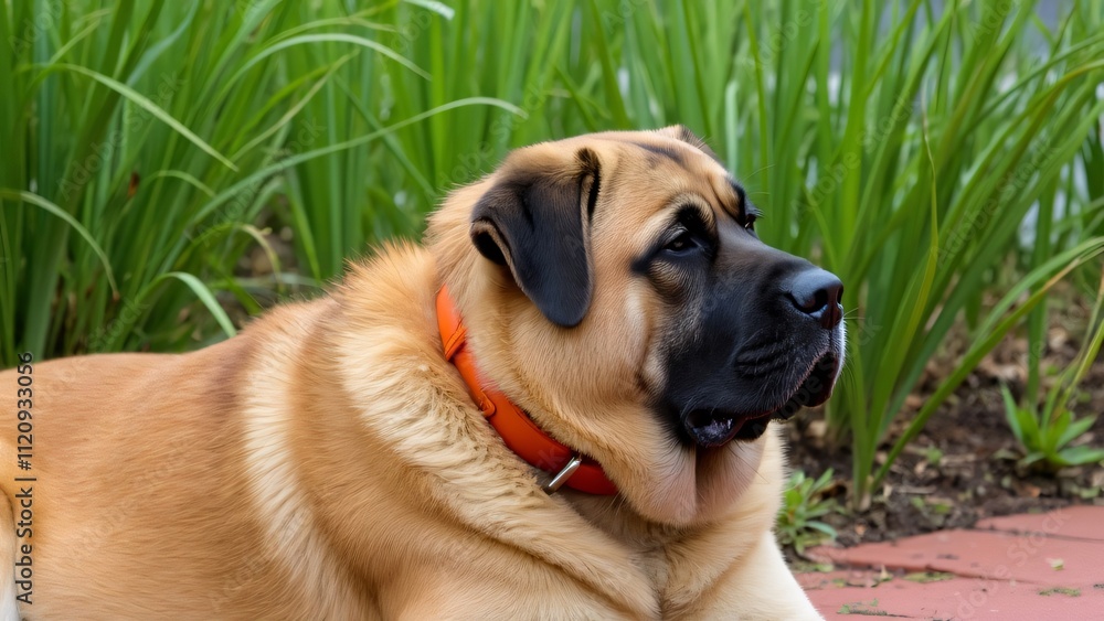 Adorable Golden Chubby Dog with Black Ears Lying on Grass, Wearing Orange Collar Adorable Golden Chubby Dog with Black Ears Lying on Grass, Wearing Orange Collar