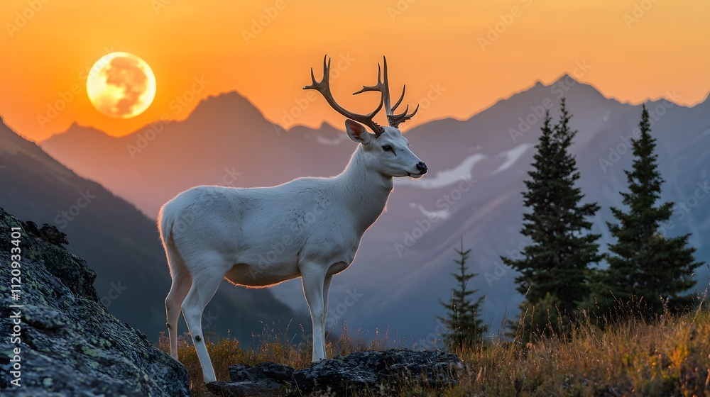Obraz premium A majestic white deer with perfect antlers, on the mountain and the beautiful view of the full moon at night