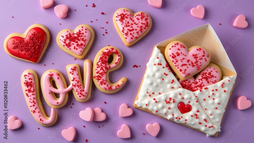 Fototapeta premium Valentine's Day Love Letter Cookies, Pink & Red Heart-Shaped Sugar Cookies in an Envelope with Marshmallows