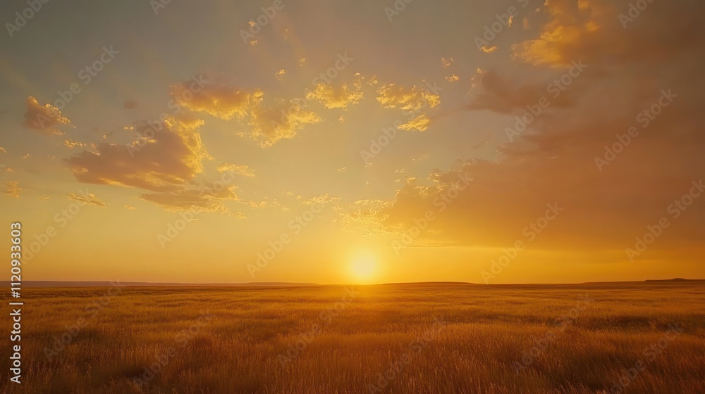 Golden sunset over a vast, flat field of tall grass. Golden sunset over a vast, flat field of tall grass.