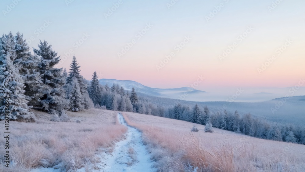 Snowy Vítkovské Hory Trail, Dawn's Pastel Hues on Frosty Field Snowy Vítkovské Hory Trail, Dawn's Pastel Hues on Frosty Field