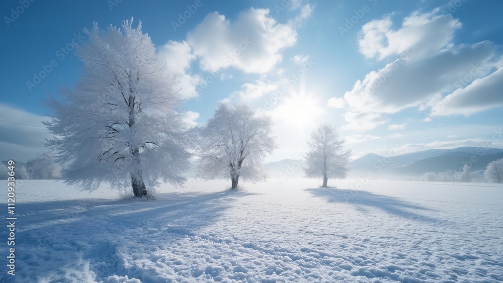 Serene Winter Landscape, Hoarfrost-Covered Trees in a Snowy Field Under a Bright Sunny Sky Serene Winter Landscape, Hoarfrost-Covered Trees in a Snowy Field Under a Bright Sunny Sky