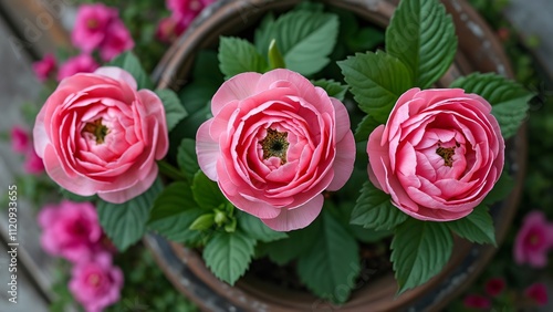 Aerial View of Three Pink Ranunculus Blooms in Rustic Metal Pot, Lush Green Foliage, Vibrant Pink Flowers Surround